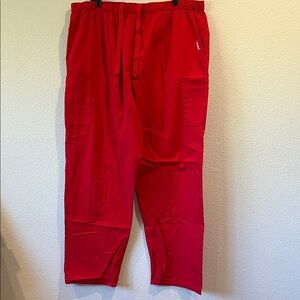 Men’s red scrub pants, XXL Tall. Drawstring, and zipper fly.